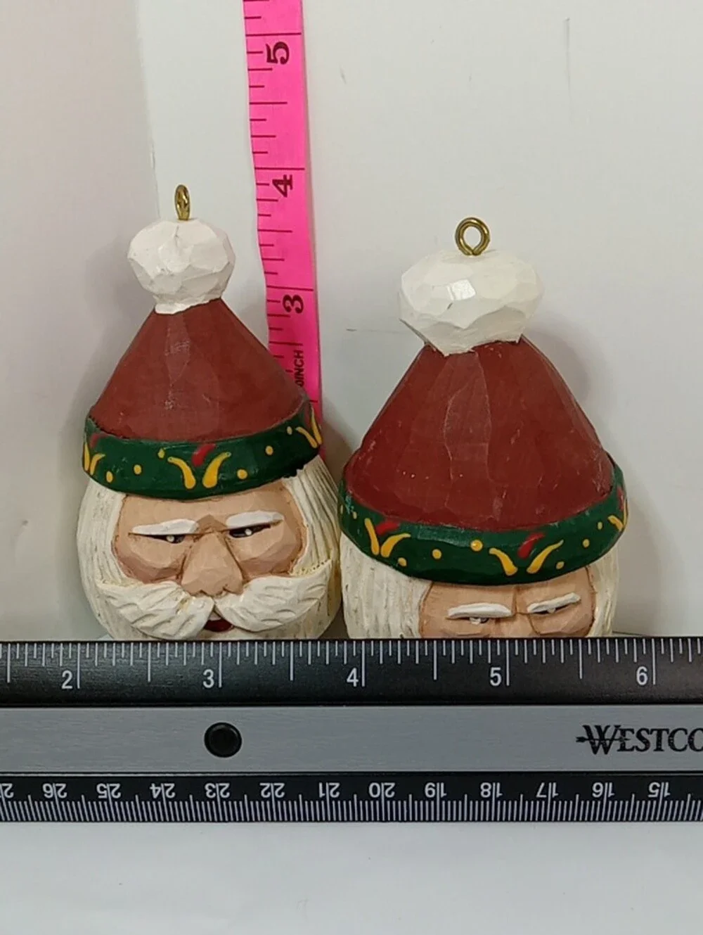Hand-Carved & Painted Santa Head Folk Art Holiday Ornament Red Hat, White Beard